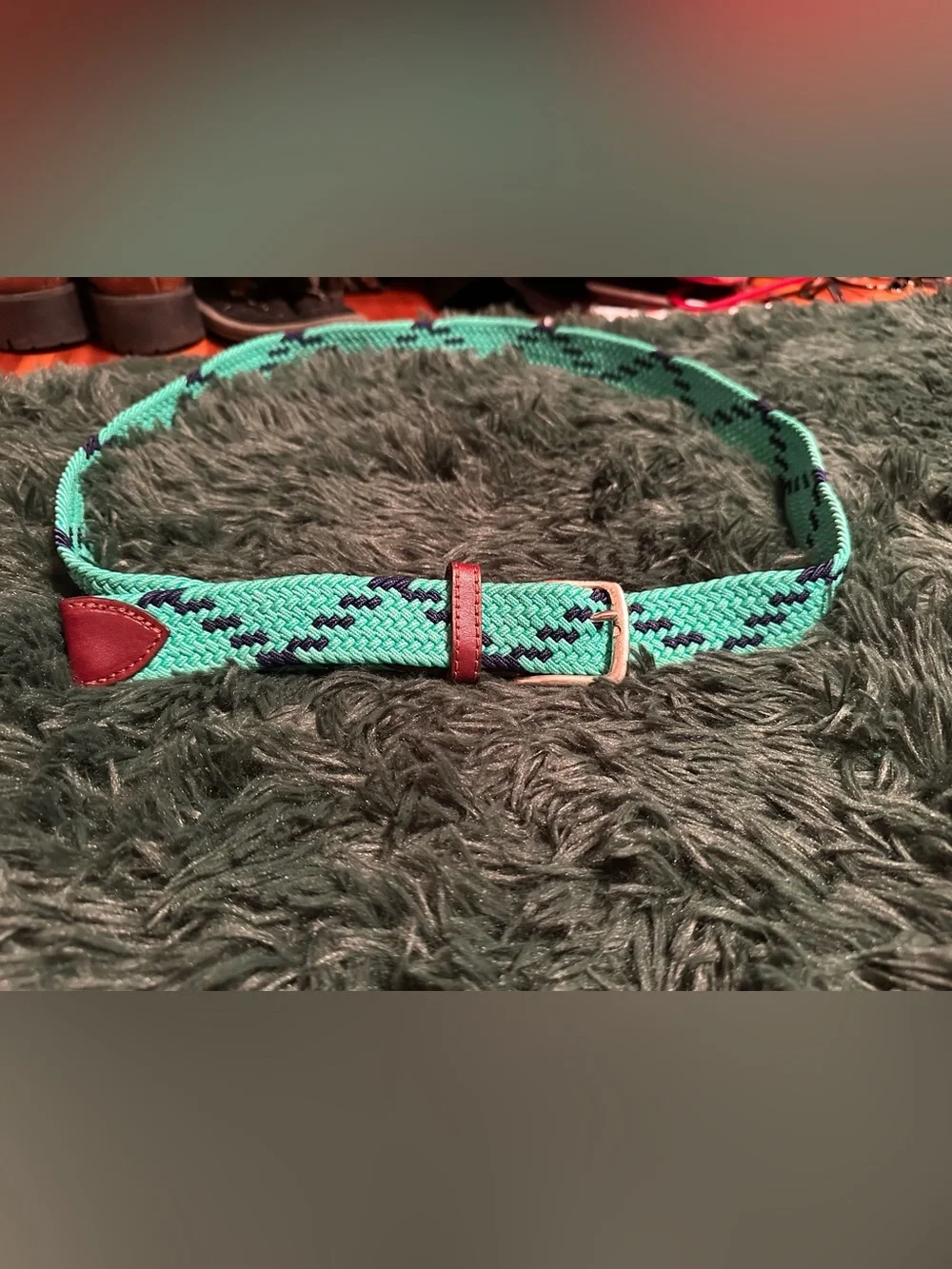 3/$25 ✨ Southern Tide Stretch Woven Belt Aqua Navy Leather Trim Size 1995